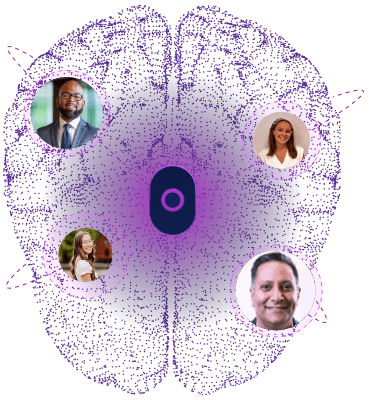 Digital texture brain with Craniums logo graphic on top and team members photos