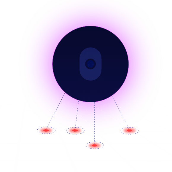 Cranium logo icon in the middle of a blue circle and red glowing dots below connected with dotted lines