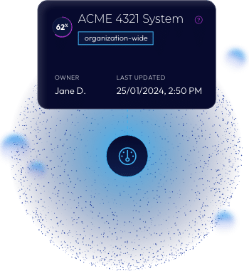 Gradient circle with dots and gauge icon centered with "ACME 4321 Systems" text box at top