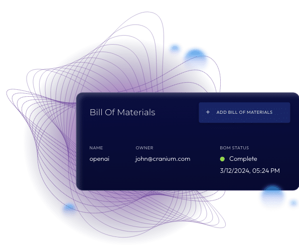 dashboard displaying Bill of Materials name, owner, and BOM status