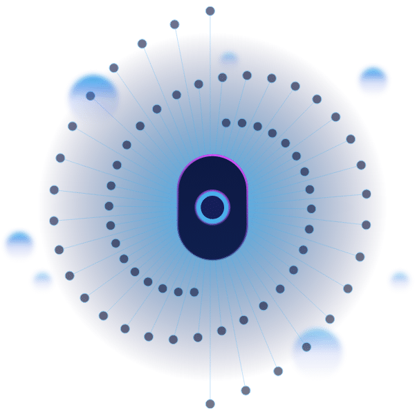 Cranium logo icon surrounded but spiral dots and blue glowing orbs