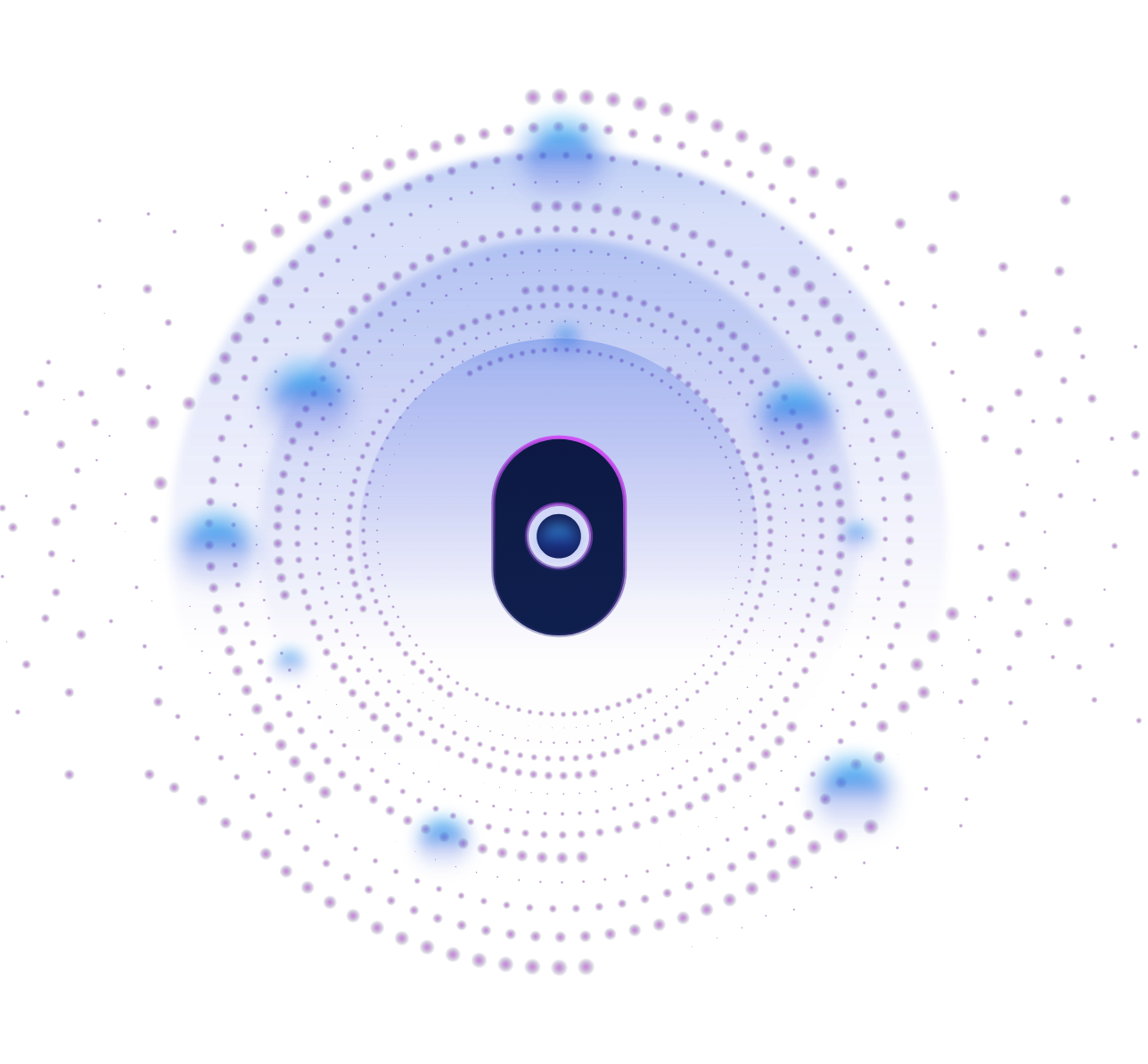 Cranium icon centered in digital spiral with gradient orbs.