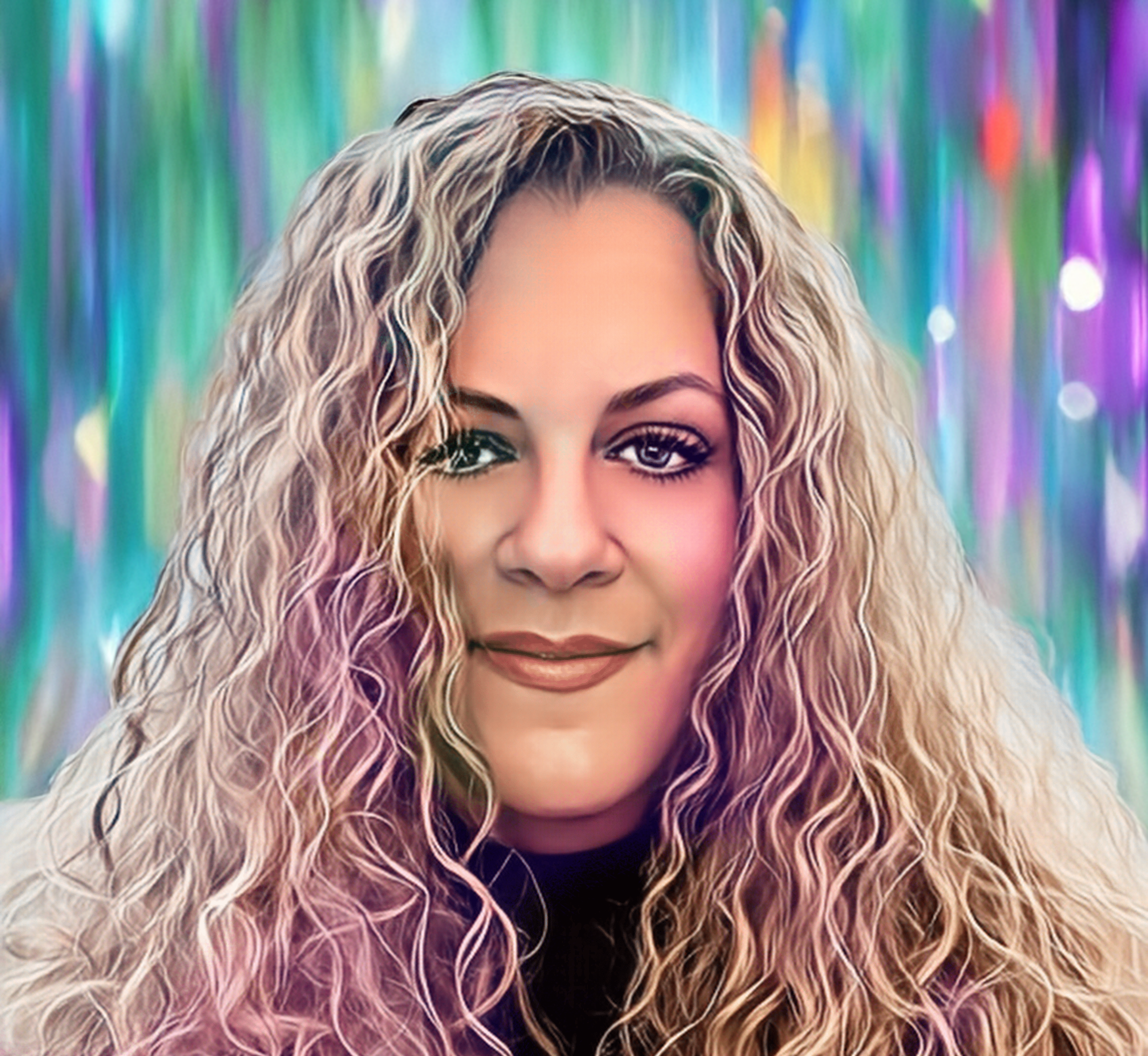 A woman's headshot with a colorful background